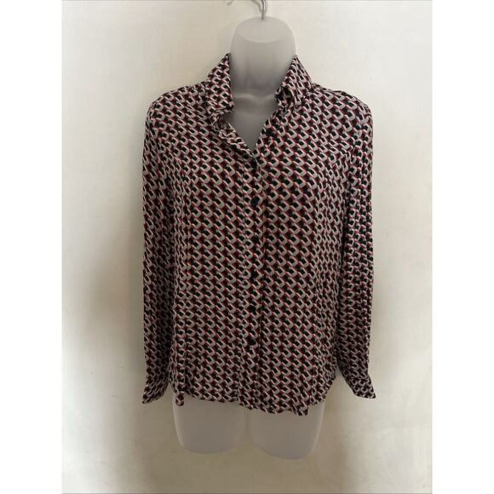 Meredith Banzhoff‎ Long Sleeve Button Down Red Black Geometric Collared Blouse